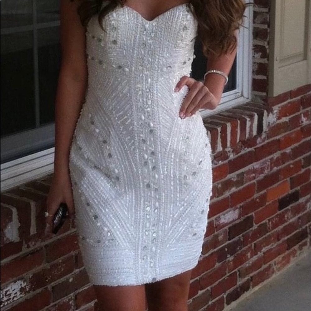 Clarisse Strapless White Beaded Pearl Cocktail